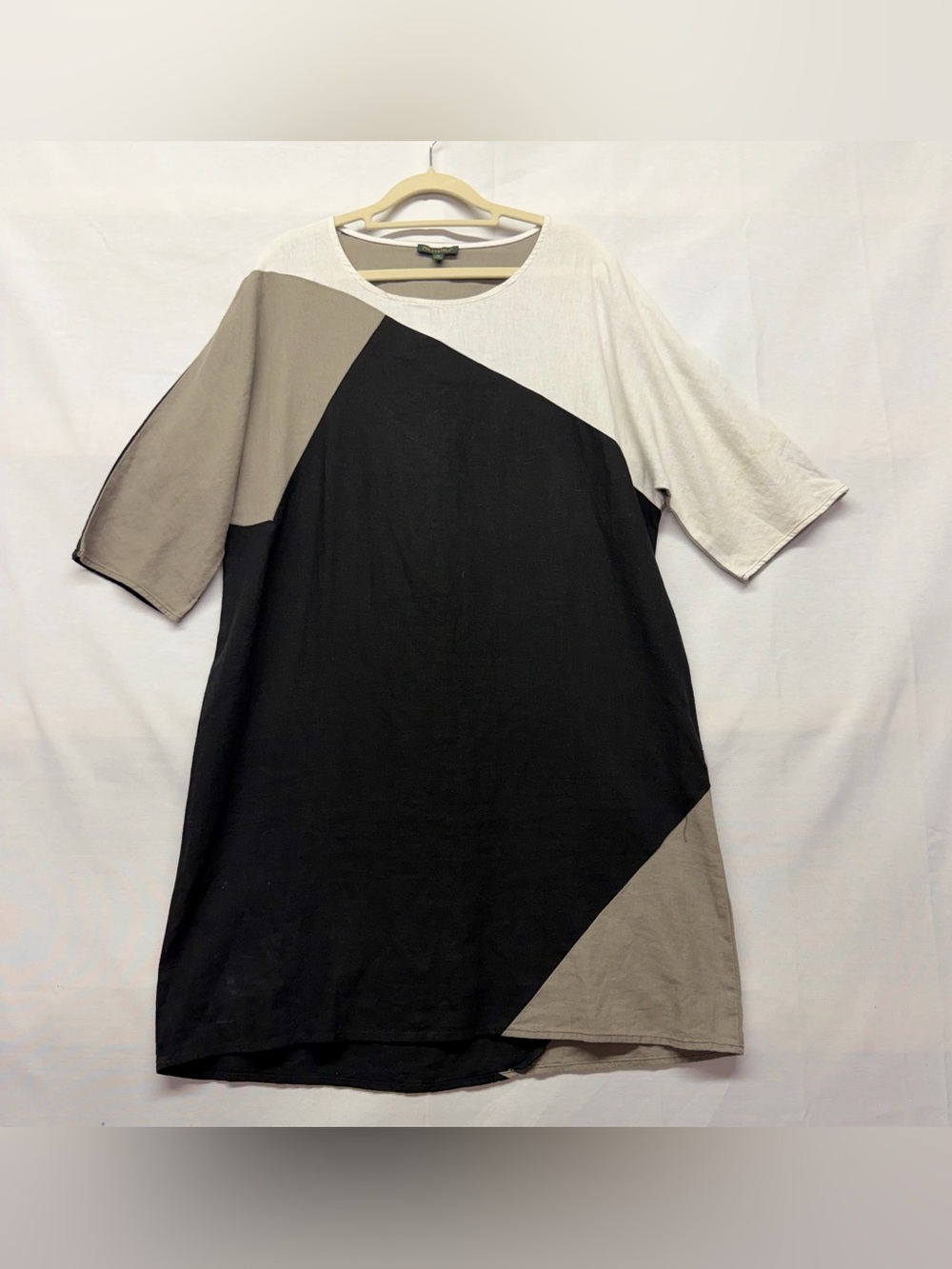 FOR CYNTHIA linen blend black  gray white color block tunic dress M Stain Sleeve - Picture 2 of 7